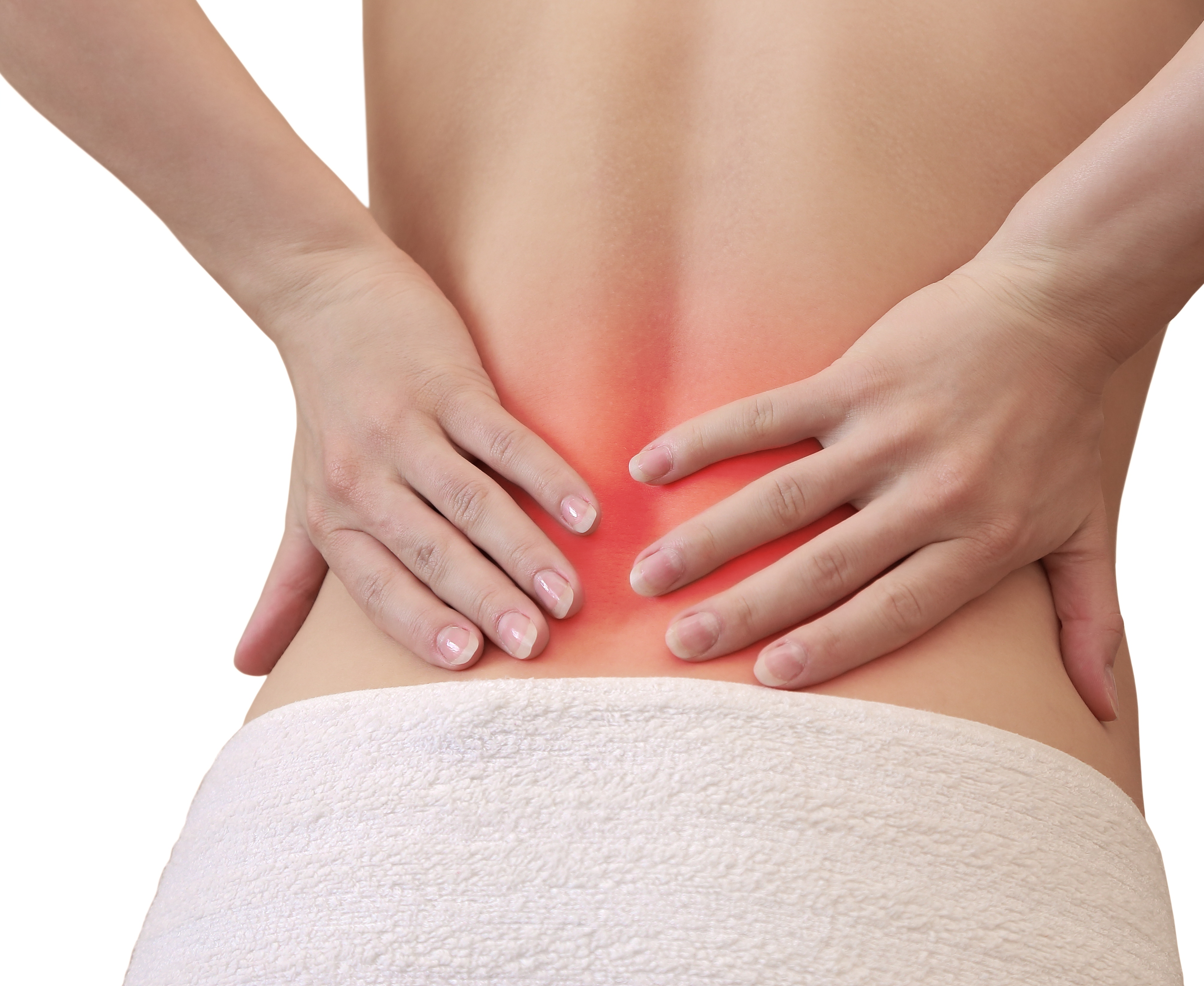 Woman holding hands on spot back in pain isolated on white