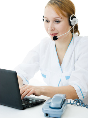 A woman doctor operator on a white background.